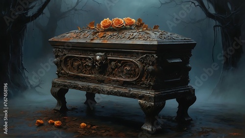 A grimly enchanting time capsule, frozen in macabre elegance a rusting casket adorned with intricate carvings of skulls and roses, set against a backdrop of swirling mist and moonlit shadows. This hau