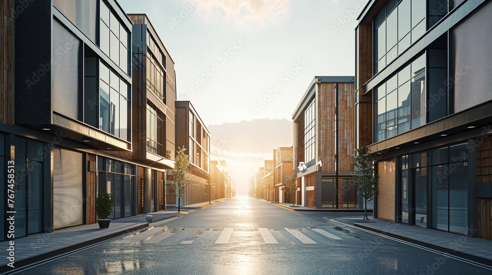 A modern city street features a black lightbox against the background of contemporary wooden buildings, rendered in 3D