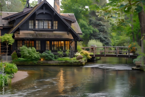A craftsman house with a dark exterior, overlooking a meandering river with a quaint wooden bridge.