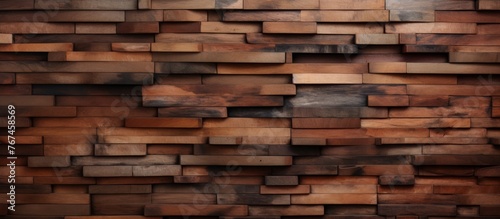 A detailed closeup of a wooden wall constructed with rectangular beige hardwood blocks, showcasing the beauty of wood grain and stain