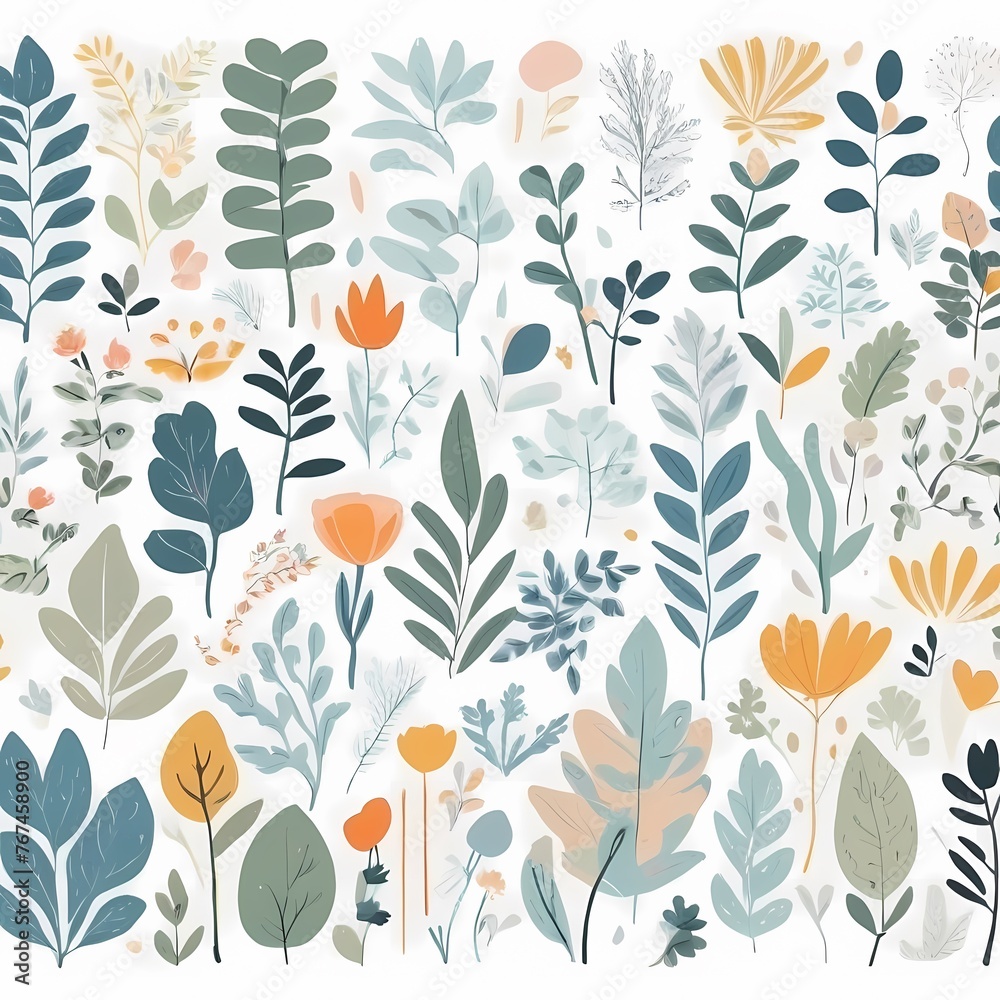 A collection of seamless pattern, colorful abstract plants and flowers. Hand drawn Collection of leaves and flowers. A close up of a pattern of flowers and leaves.
A collection of seamless pattern, colorful abstract plants and flowers. Hand drawn Collection of leaves and flowers. A close up of a pattern of flowers and leaves.
