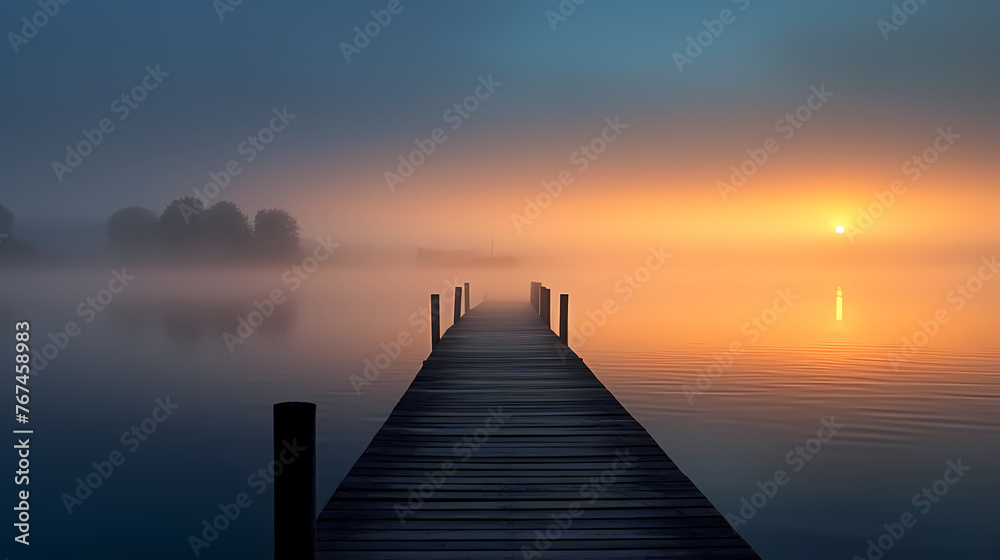 Wooden pier on the lake at dawn - obrazy, fototapety, plakaty 
