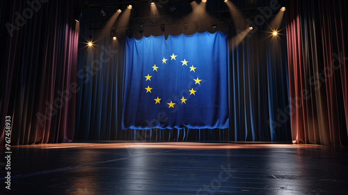 European flag on an empty stage with spotlights