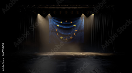 European flag on an empty stage with spotlights