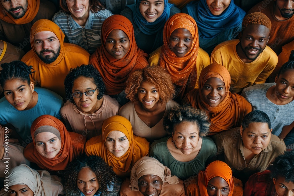 Smiling faces of diverse individuals with different skin and hair tones