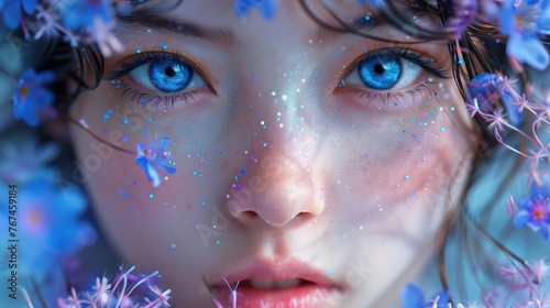 Floral Enchantment: Fantasy Portrait of Young Woman with Bright Blue Eyes Amidst Flowers