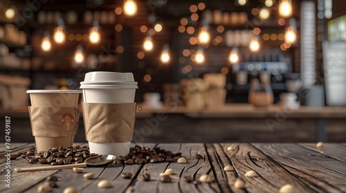 A street food cafe background serves as a mockup for coffee shop branding or identity presentations photo