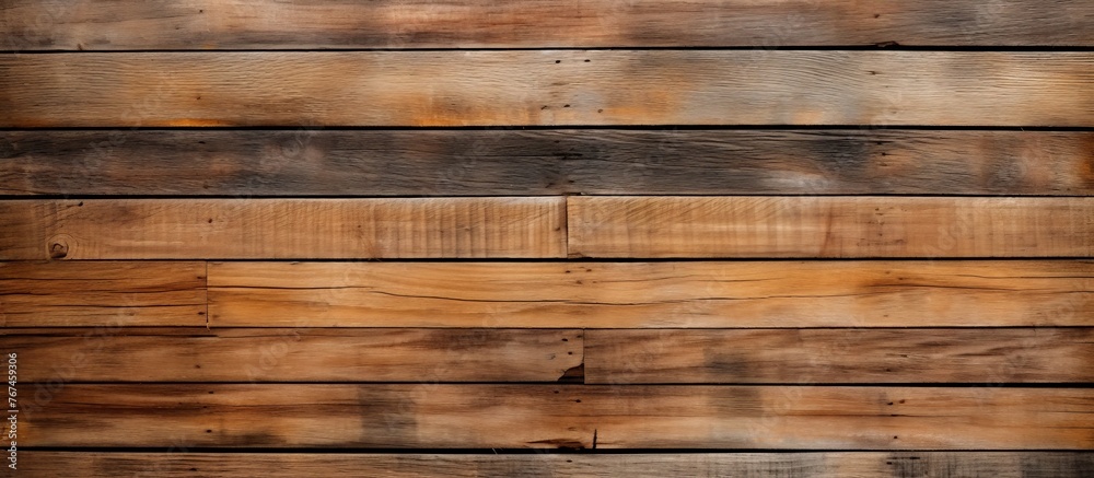Fototapeta premium A closeup of a brown hardwood wall made of rectangular wooden planks, showcasing a beautiful pattern created by the wood stain on the planks