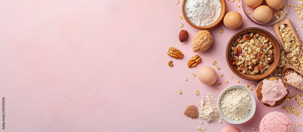 Food ingredients for baking arranged on a soft pink pastel background. Flat lay image with room for text. Overhead view. Baking theme. Mockup. - obrazy, fototapety, plakaty 