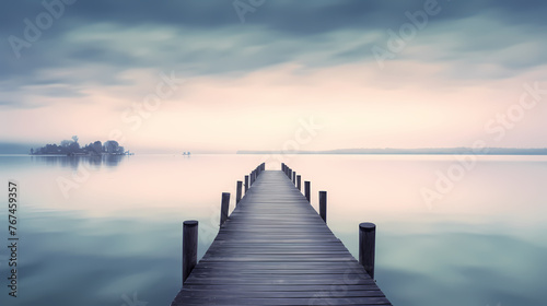 Wooden pier on the lake at dawn