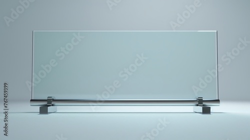 A transparent, wide glass nameplate awaits branding, held by metal spacers, providing a clear mockup for advertising
