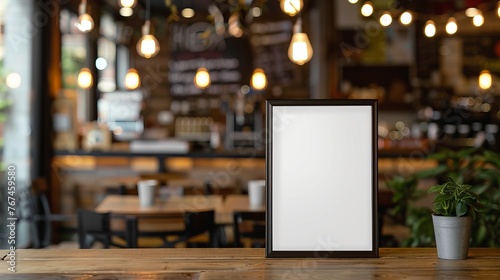 A white poster framed in black stands before a blurred cafe background, setting the stage for promotional displays