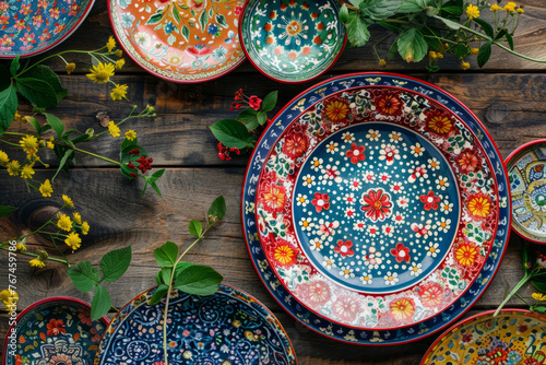 Ceramic decorative plates with colorful floral patterns. Generative AI