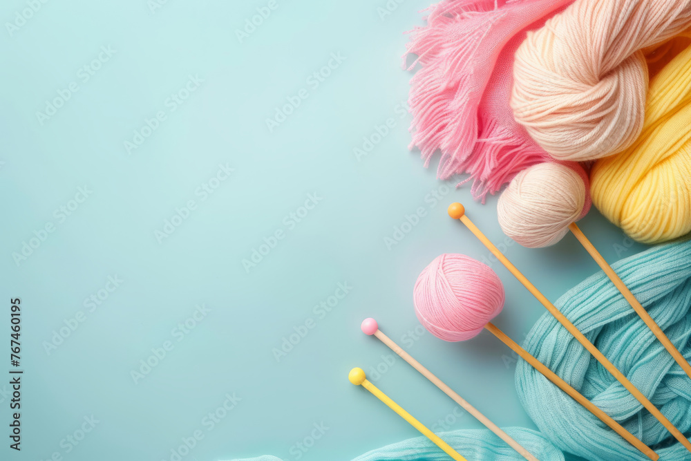 Knitting needles and yarn on pastel background. Generative AI Knitting needles and yarn on pastel background. Generative AI