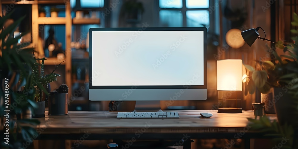 Closeup of a blank computer monitor on an office desk with a keyboard and lamp in the background. Concept Closeup Photography, Office Setup, Technology Accessories, Work Environment, Interior Design