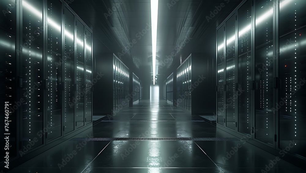 High-tech advanced Data center illuminated with rows of glowing servers, cyber security data center environment, 3d rendering. 