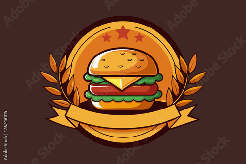 a circular logo for a burger jointfast food restaurant. The logo should feature a golden burger placed centrally within the circle vector illustration photo