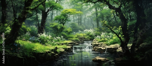 A winding watercourse flows through a vibrant forest filled with lush green vegetation, trees, and rocks, creating a picturesque natural landscape