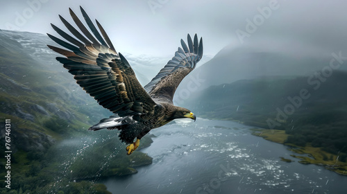 Golden eagle soaring majestically in the rain, huge wingspan of a raptor flying over a body of water, overcast nature photo