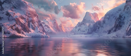 Scenery snow capped mountain landscape with the beautiful sunrise in Lofoten, Norway. Mountains reflecting in calm waters at sunrise, snowing tranquil water scene, breathtaking view. © Copper