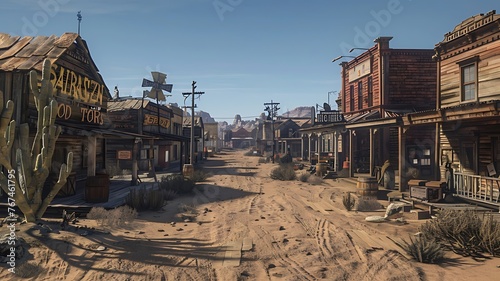 Old Western Ghost town with wooden buildings and dusty streets, saloon and huge cactus, desert background. Clear blue sky. Daytime. Empty street in an old wild west town, during the sunny day. 