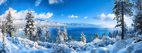 Panoramic view of lake Tahoe on a sunny clear day; the snow-capped Sierra mountains in the background, evergreen forests in the foreground photo