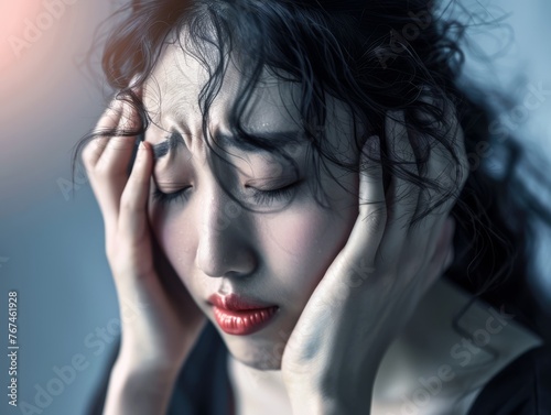 A woman holding her head in her hands, headache, painful experience, illness © Friedbert
