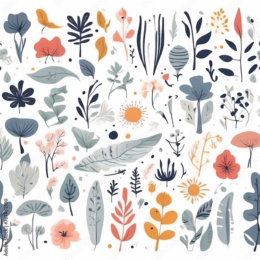 Obraz premium A collection of seamless pattern, colorful abstract plants and flowers. Hand drawn Collection of leaves and flowers. A close up of a pattern of flowers and leaves. 