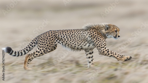  a cheetah running in a field of dry grass with a blurry image of the cheetah in the background.