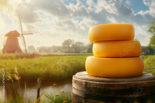 Wheels of Dutch cheese, with a canal and windmill in Holland in the background photo