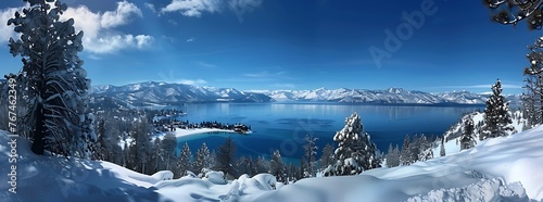 Panoramic view of lake tahoe with snow covered mountains in the background, clear blue sky and turquoise water of south tahoe with pine trees and ski resort on horizon © Copper