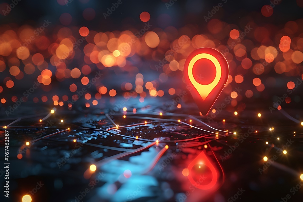 Red map pin in cityscape and network connection, indicating the city