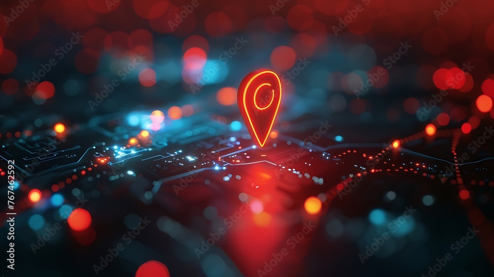 Red map pin in cityscape and network connection, indicating the city ...