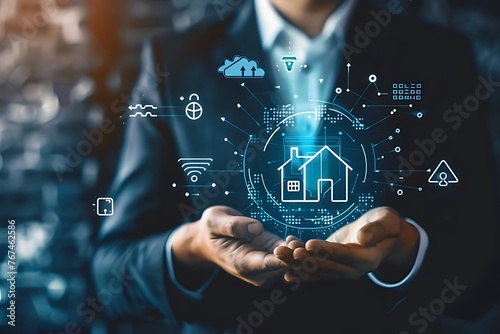 Real estate Businessman holding a virtual house & financial icon, growth graph, analyzing mortgage loan home, buy a house, value diagram, listing to sell a property, investment planning, real estate.