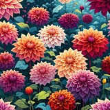 Colorful illustration of beautiful dahlia flower garden.
