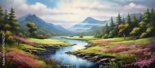 A picturesque natural landscape with a river flowing through a green field, surrounded by mountains, under a cloudy sky