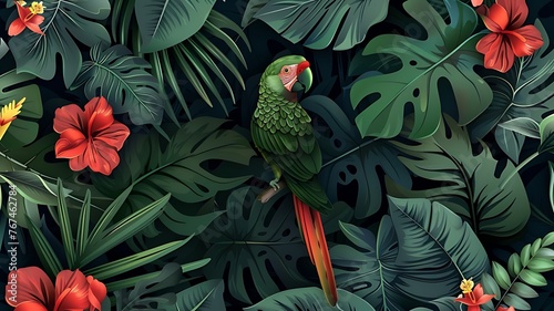 Tropical rainforest, parrots and flowers in the foreground, lush green leaves, vibrant colors, seamless pattern, vector illustration
