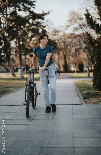 Fit young man with a bicycle walking in the park, embodying an active and healthy lifestyle outdoors.