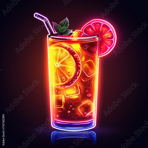 glass of drink neon on black background isolated