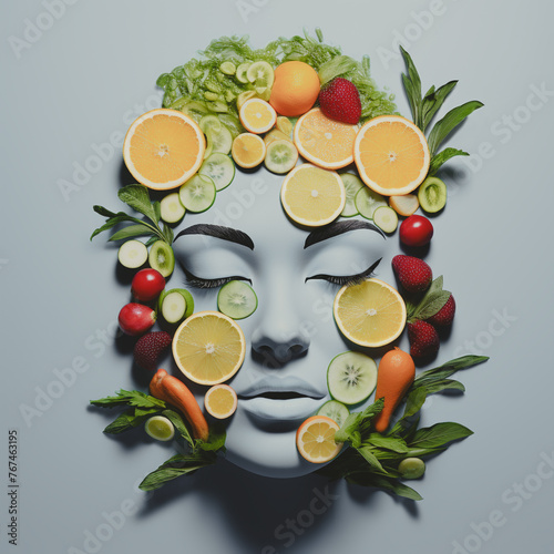 zen-like fruit face,wellness,healthy lifestyle,abstract fantasy,concept illustration