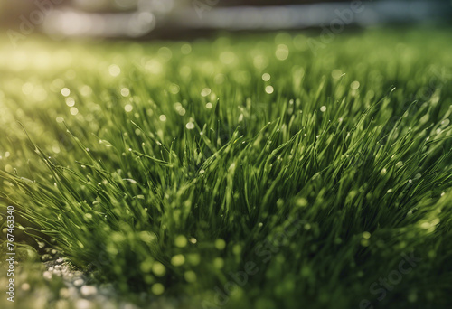 Artificial grass with dew close up Green grass in early morning Grass bush
