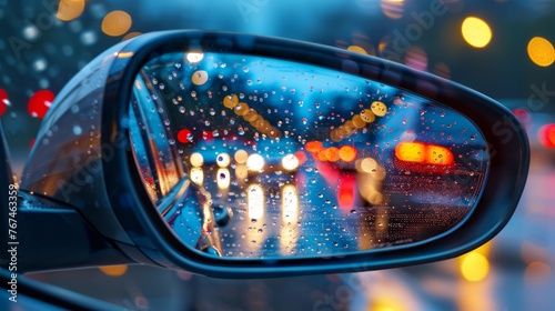 Nighttime traffic jam with cars having headlights reflected in the rearview mirror