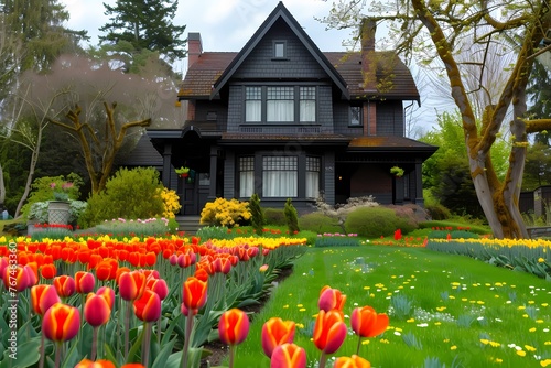 A craftsman house with a dark exterior, surrounded by vibrant tulip fields in full bloom.
