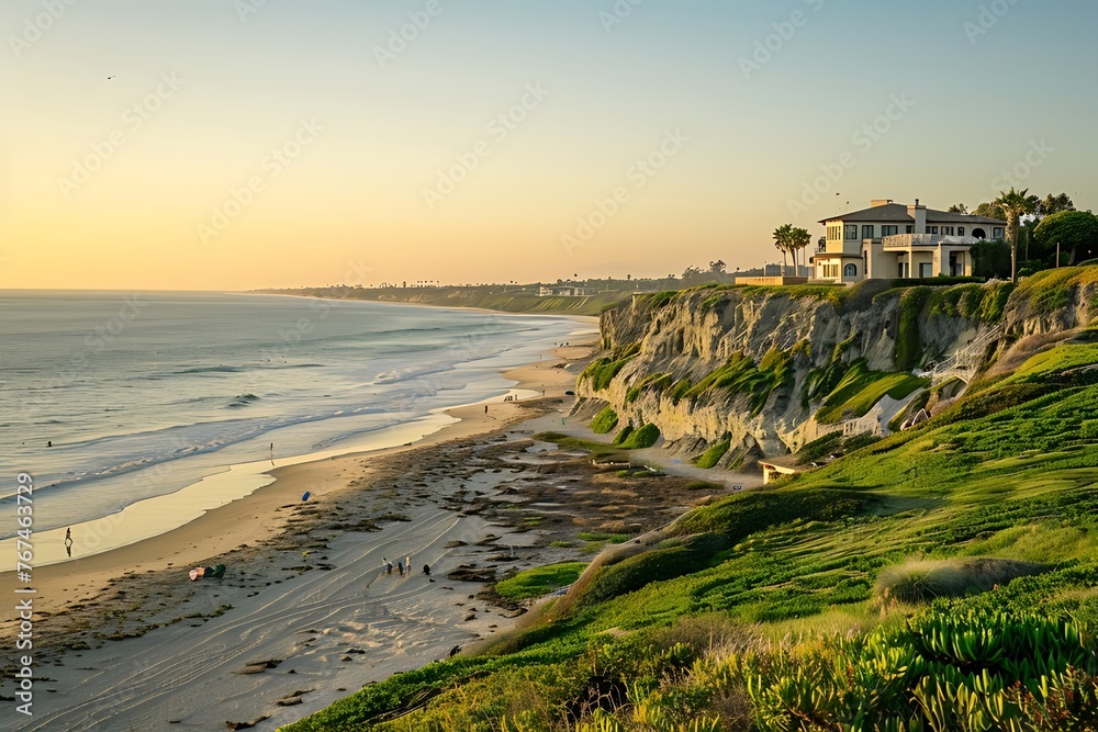 gorgeous California beach at sunset, cliffside overlooking Pachet Clasman Beach & hotel carlson. scenery view of shore looking out to sea with green grass, trees along the coastline in golden hour.