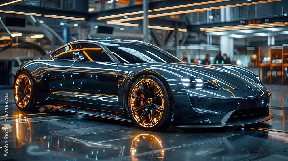 A black futuristic concept electric car at an exhibition or auto show