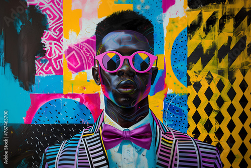An abstract pop-art portrait composition of a man with colorful sunglasses with bold patterns and vibrant colors creating an attention-grabbing vibrant visual. 