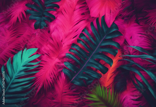 Creative fluorescent color layout made of tropical and palm leaves Flat lay neon colors Nature concept