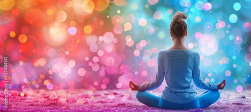 Psychic women embrace meditation and yoga for spiritual connection amidst ethereal bokeh lights photo