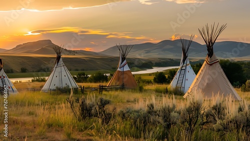 A group of teepee tents in the plains near river, view of an Indian native American village with tipis set, beautiful landscape, symbolizing native American Red Indian's life. photo