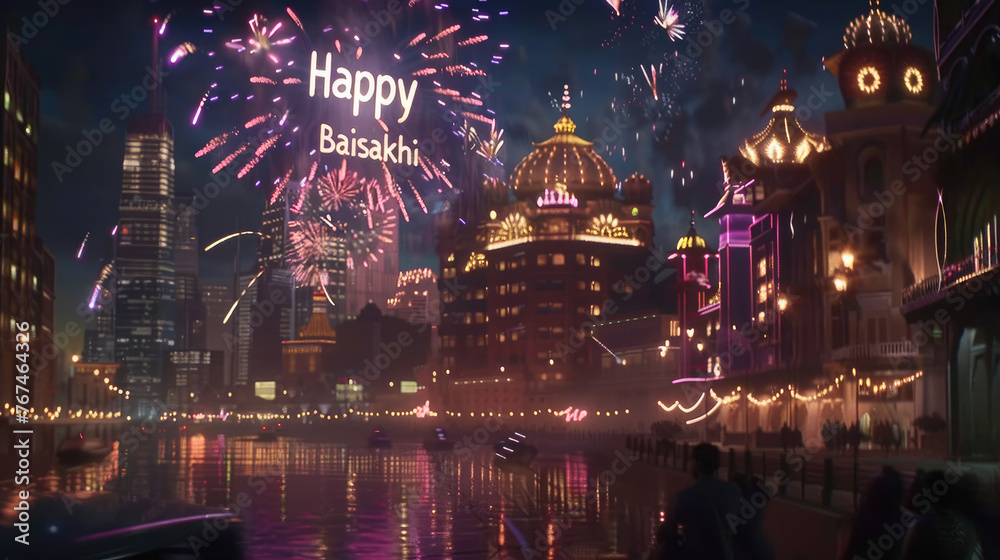 A modern Baisakhi celebration in a cityscape, with illuminated buildings, fireworks, and the words 
